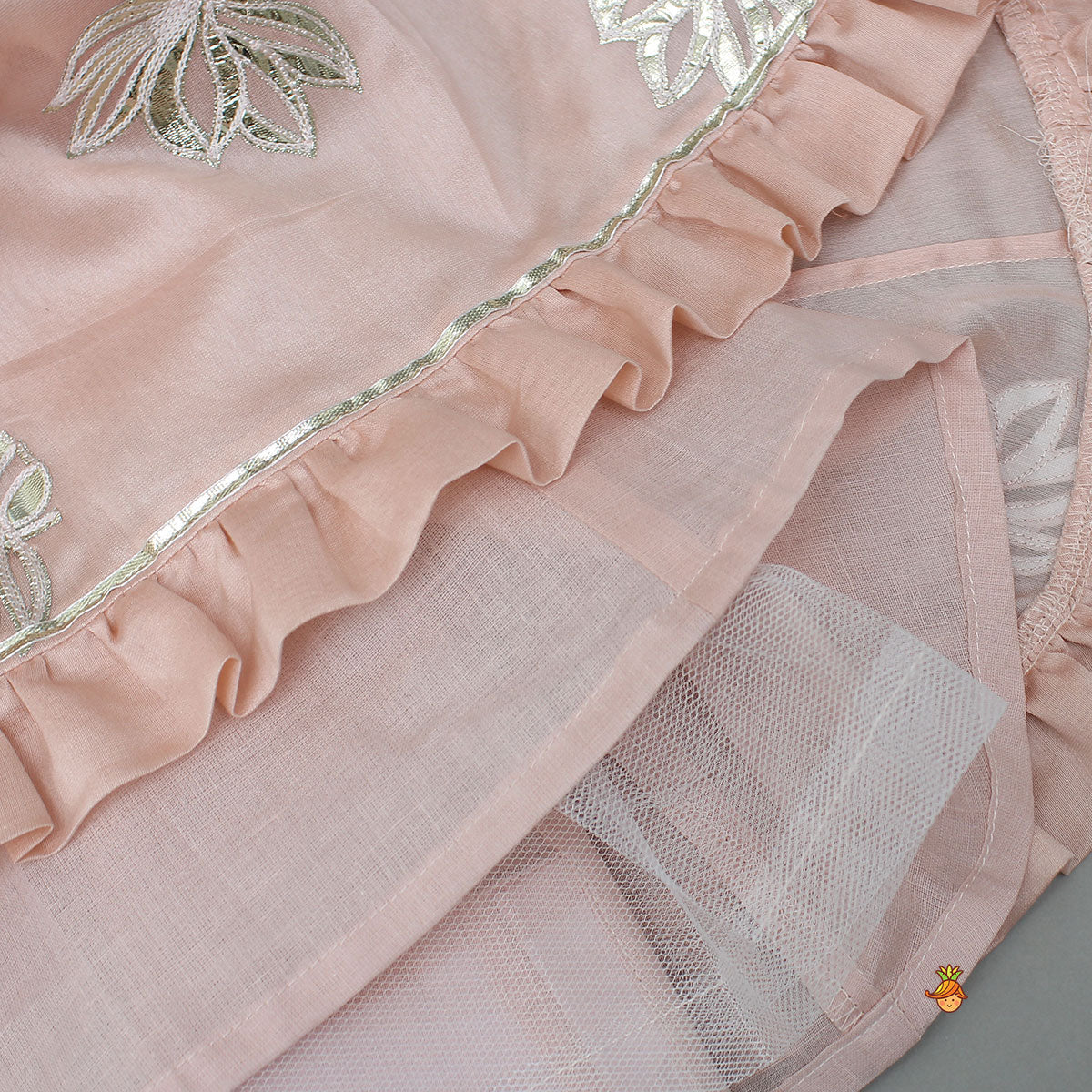 Pre Order: Frill-Enhanced Neckline Embroidered Top With Lehenga And Net Dupatta