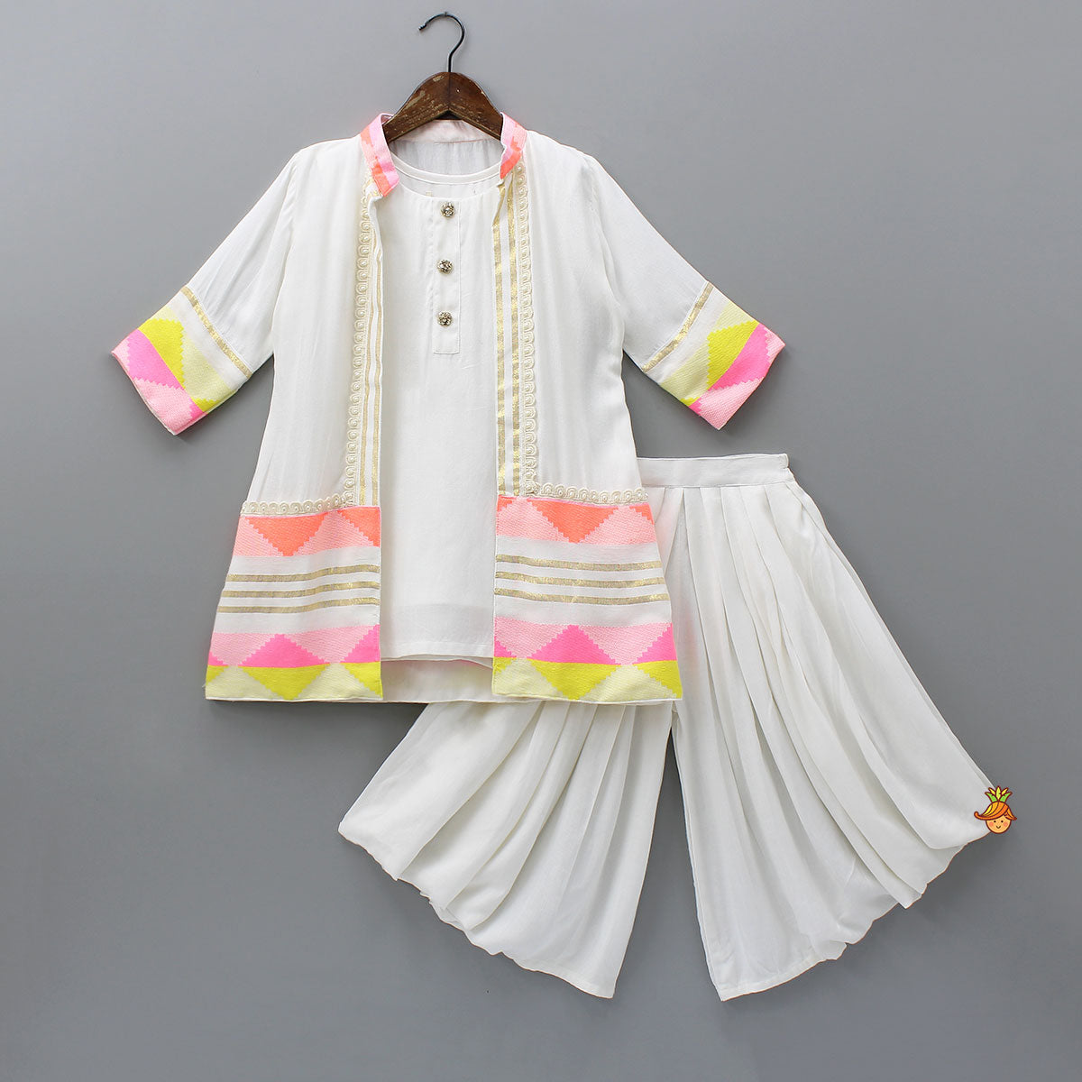Round Neck Kurti With Jacket And Pleated Palazzo Pant