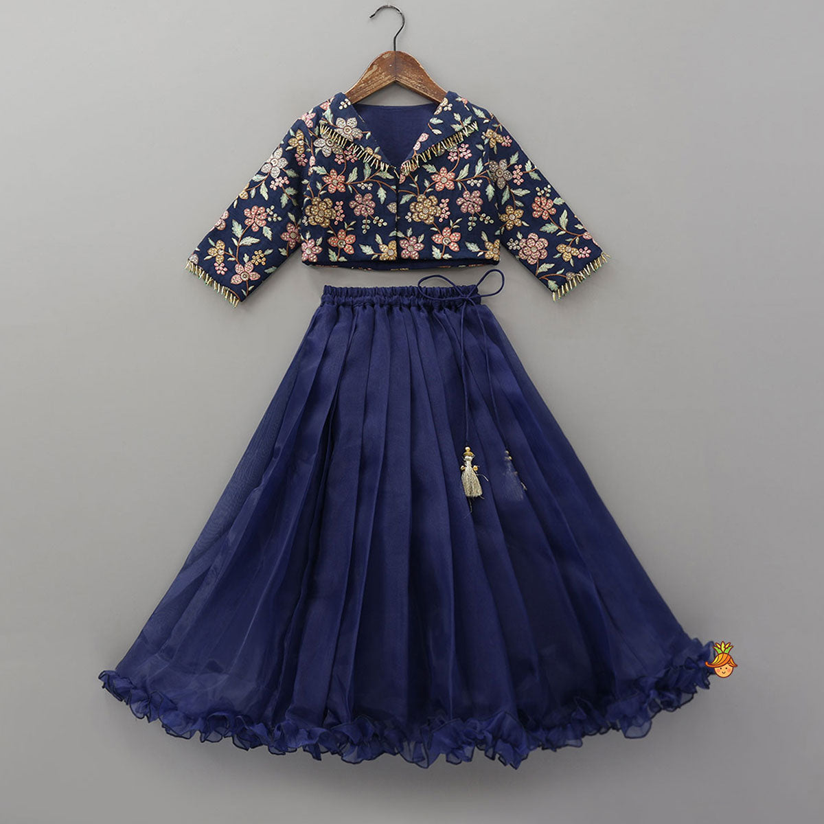 Pre Order: Inner Top With Front-Open Thread Embroidered Jacket And Pleated Lehenga