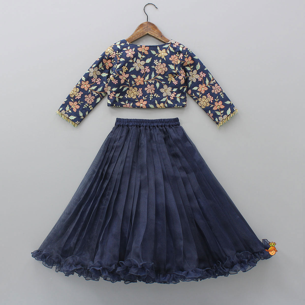 Pre Order: Front-Open Thread Embroidered Top And Pleated Lehenga