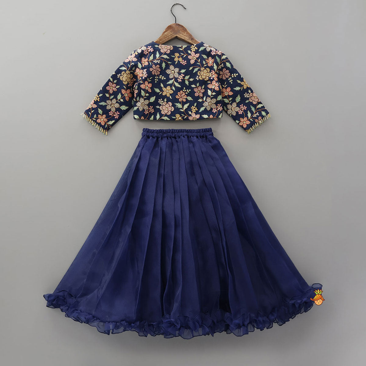 Pre Order: Inner Top With Front-Open Thread Embroidered Jacket And Pleated Lehenga