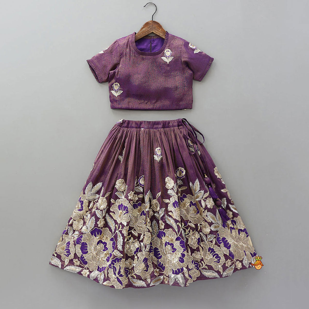 Pre Order: Intricately Floral-Embroidered Shimmery Top And Lehenga