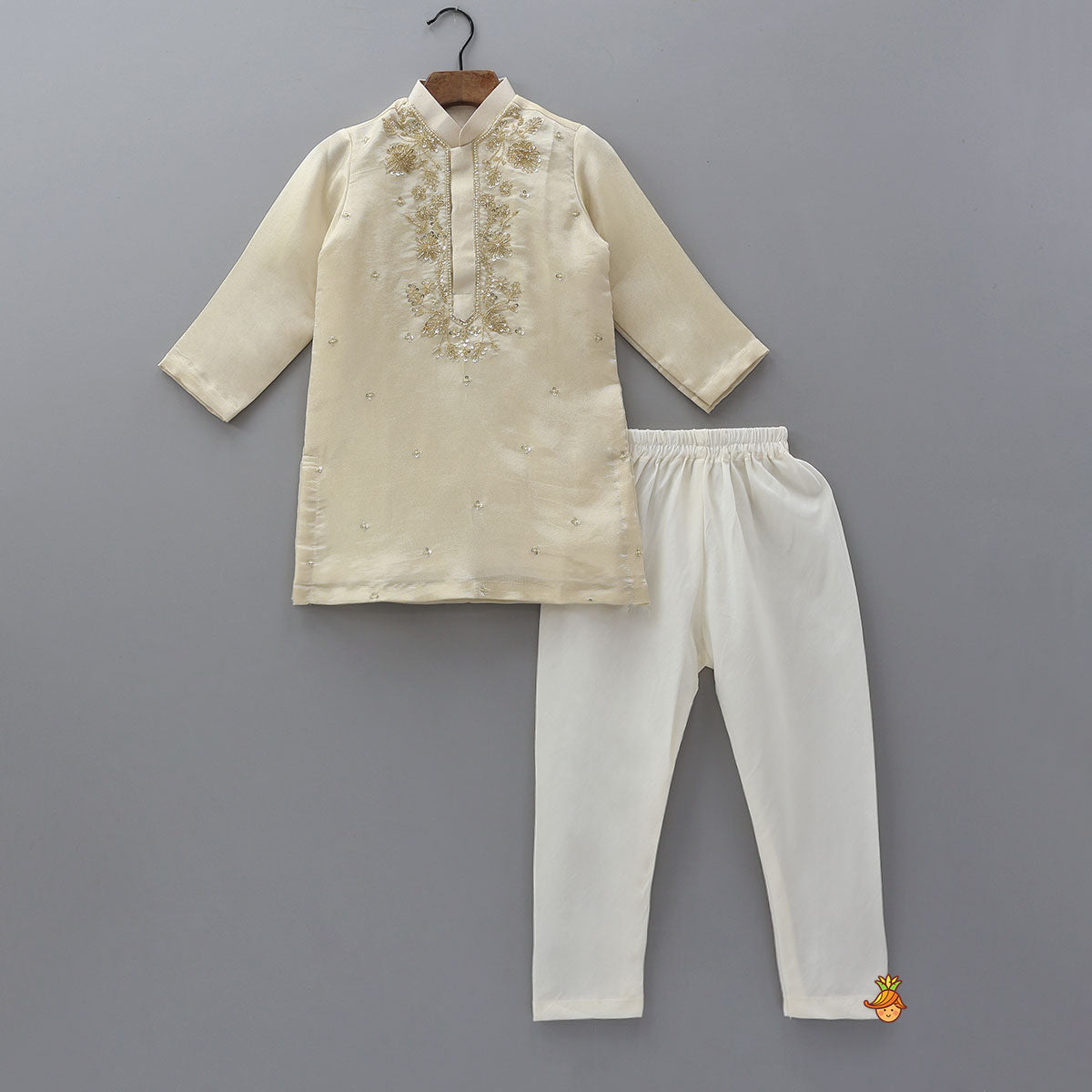 Pre Order: Embroidered Front Placket Shimmery Kurta With Churidar
