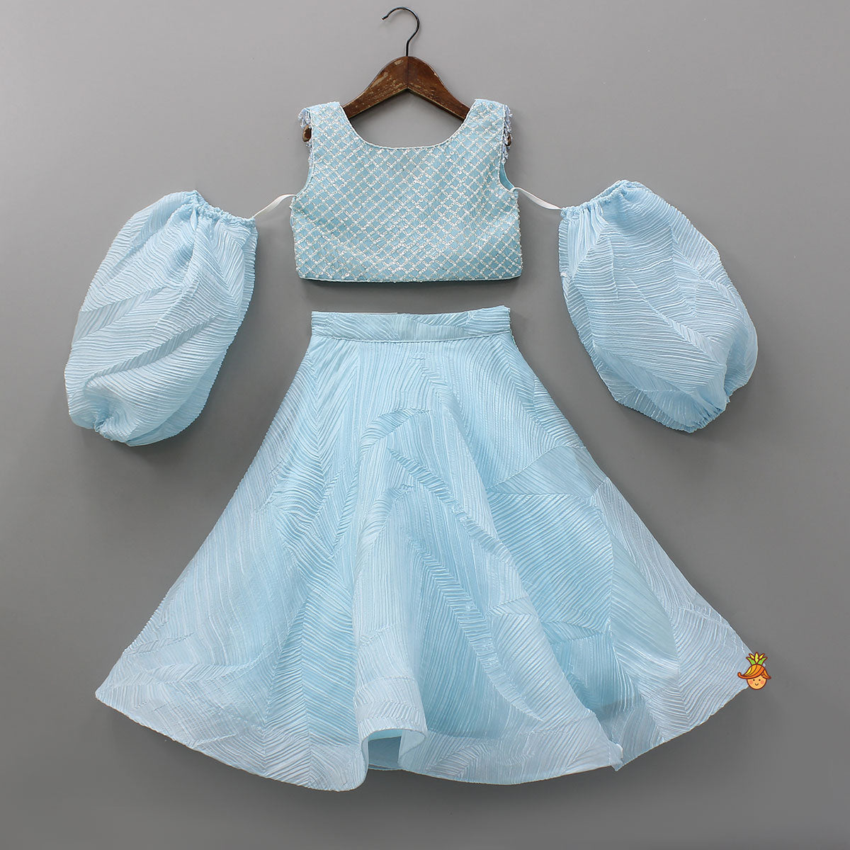 Pre Order: Checks Embroidered Top And Lehenga With Detachable Balloon Sleeves