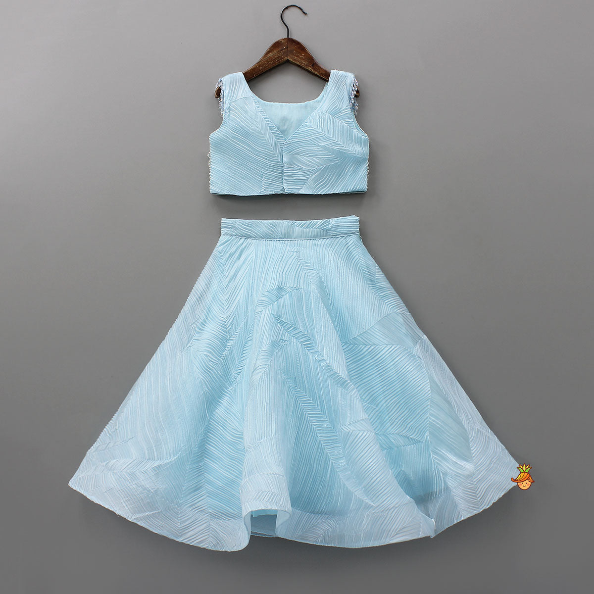 Pre Order: Checks Embroidered Top And Lehenga With Detachable Balloon Sleeves