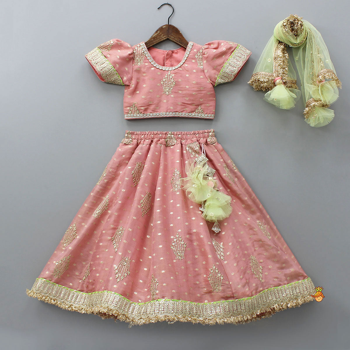 Pre Order: Stunning Booti Work Top With Lehenga And Contrasting Net Dupatta