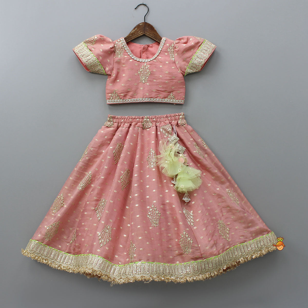 Pre Order: Stunning Booti Work Top With Lehenga And Contrasting Net Dupatta