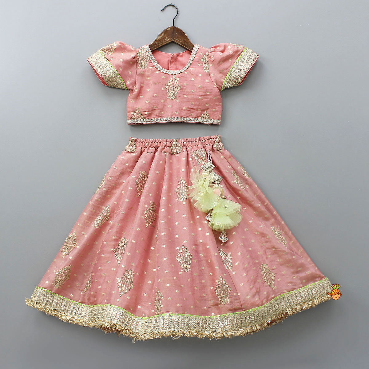 Pre Order: Stunning Booti Work Top With Lehenga And Contrasting Net Dupatta