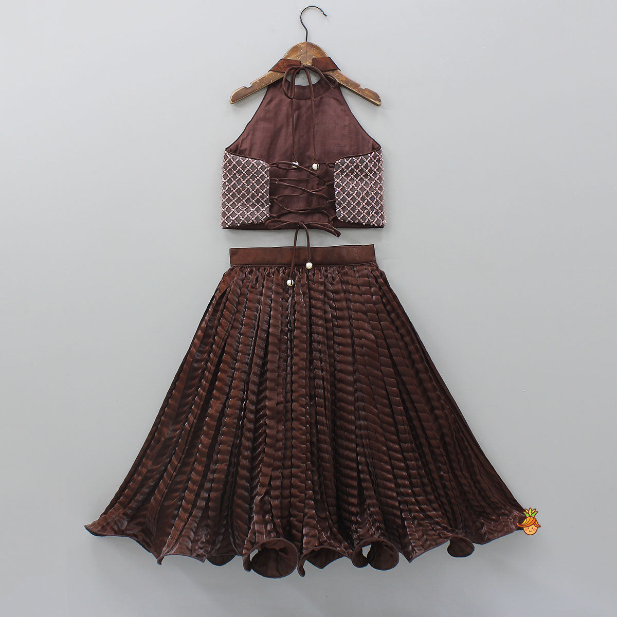 Pre Order: Gorgeous Criss-Cross Back Knot Top And Crushed Lehenga