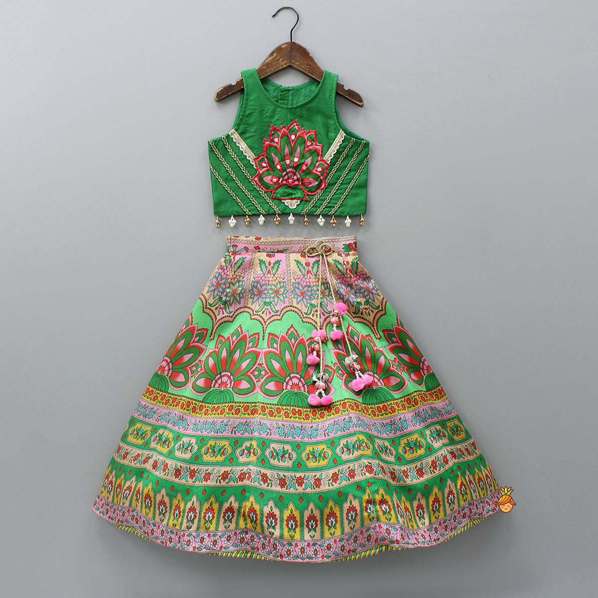 Pre Order: Elegant Lace Detailed Top And Printed Lehenga