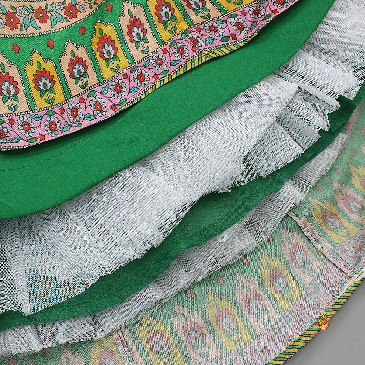 Pre Order: Elegant Lace Detailed Top And Printed Lehenga