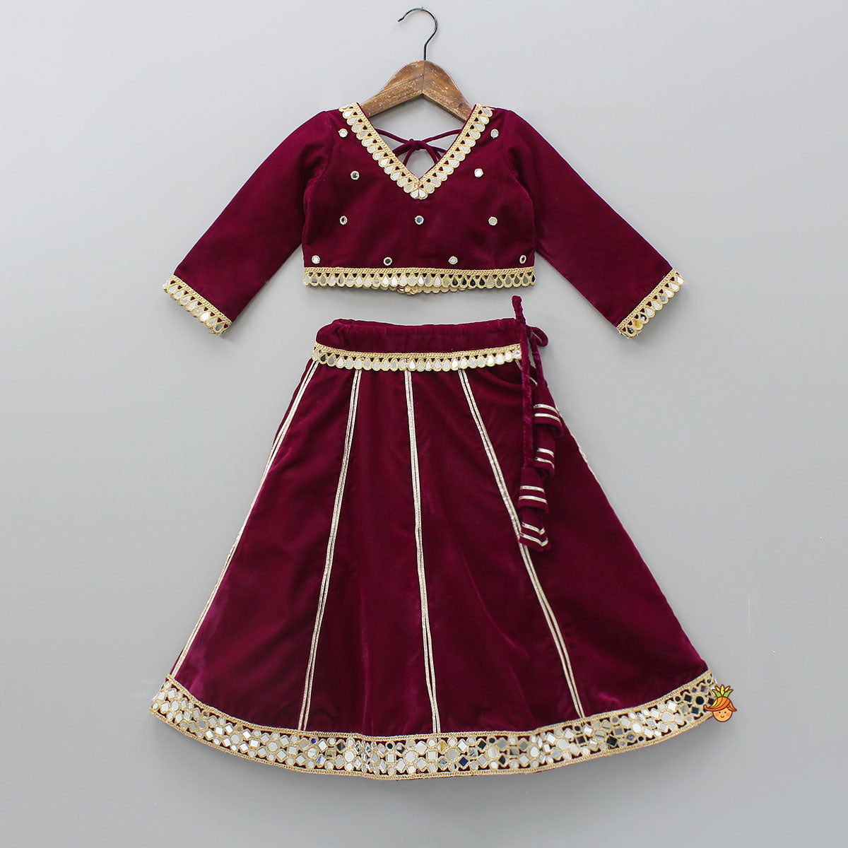 Pre Order: Velvet Mirror Work Top With Lehenga