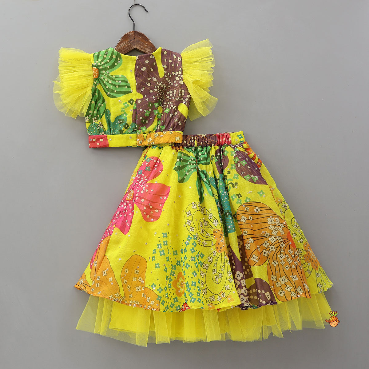 Pre Order: Multicolour Printed Net Detailed Top With Layered Matching Lehenga