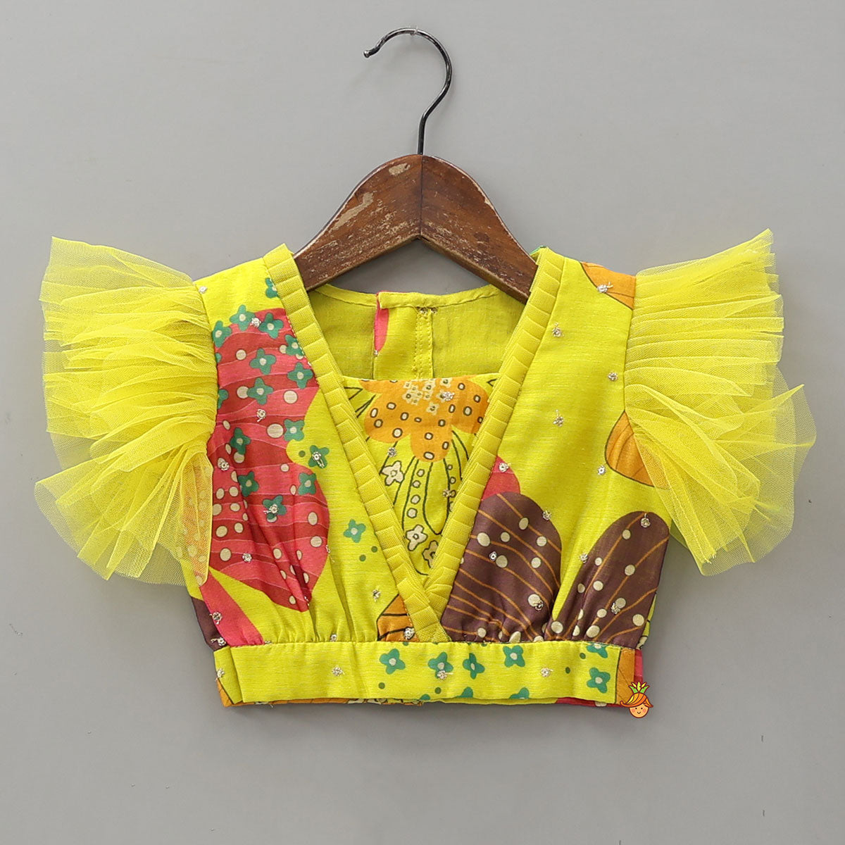 Pre Order: Multicolour Printed Net Detailed Top With Layered Matching Lehenga