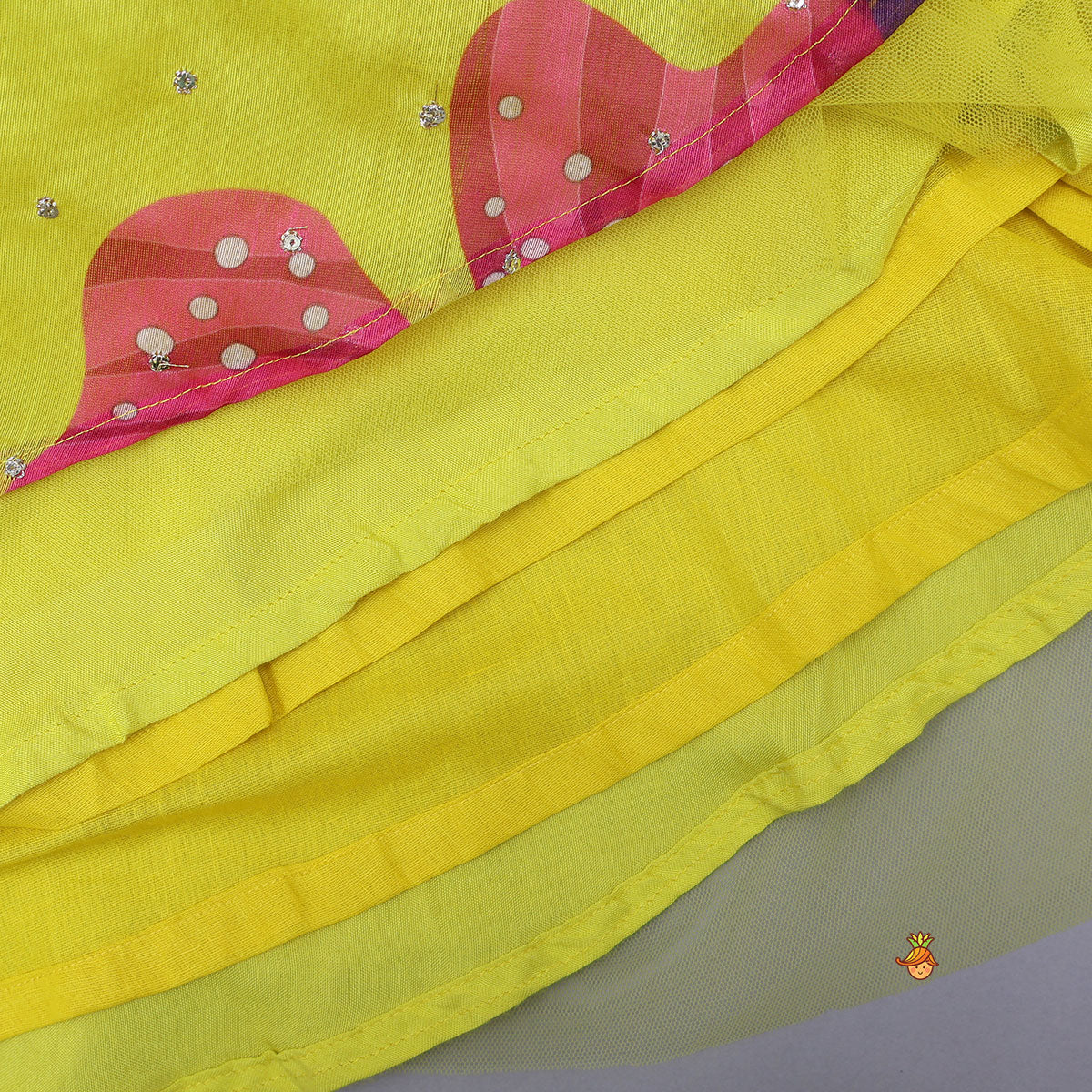 Pre Order: Multicolour Printed Net Detailed Top With Layered Matching Lehenga