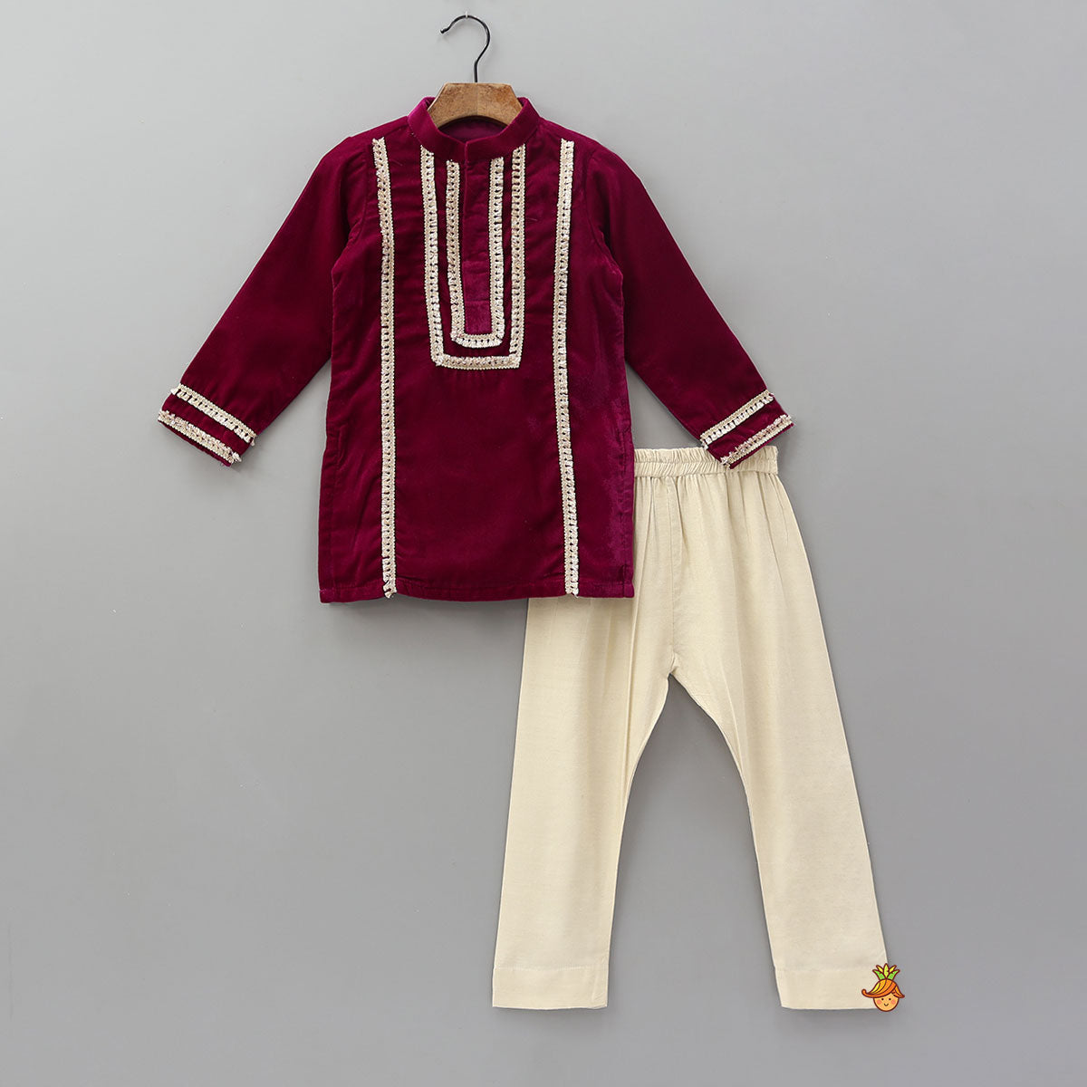 Pre Order: Fringed Lace-Detailed Velvet Kurta With Pyjama