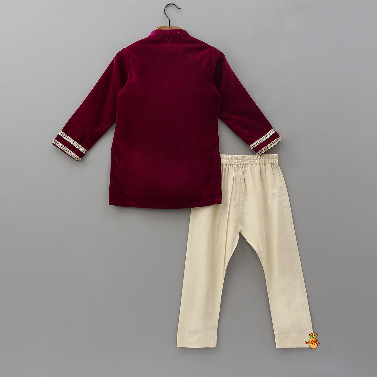 Pre Order: Fringed Lace-Detailed Velvet Kurta With Pyjama