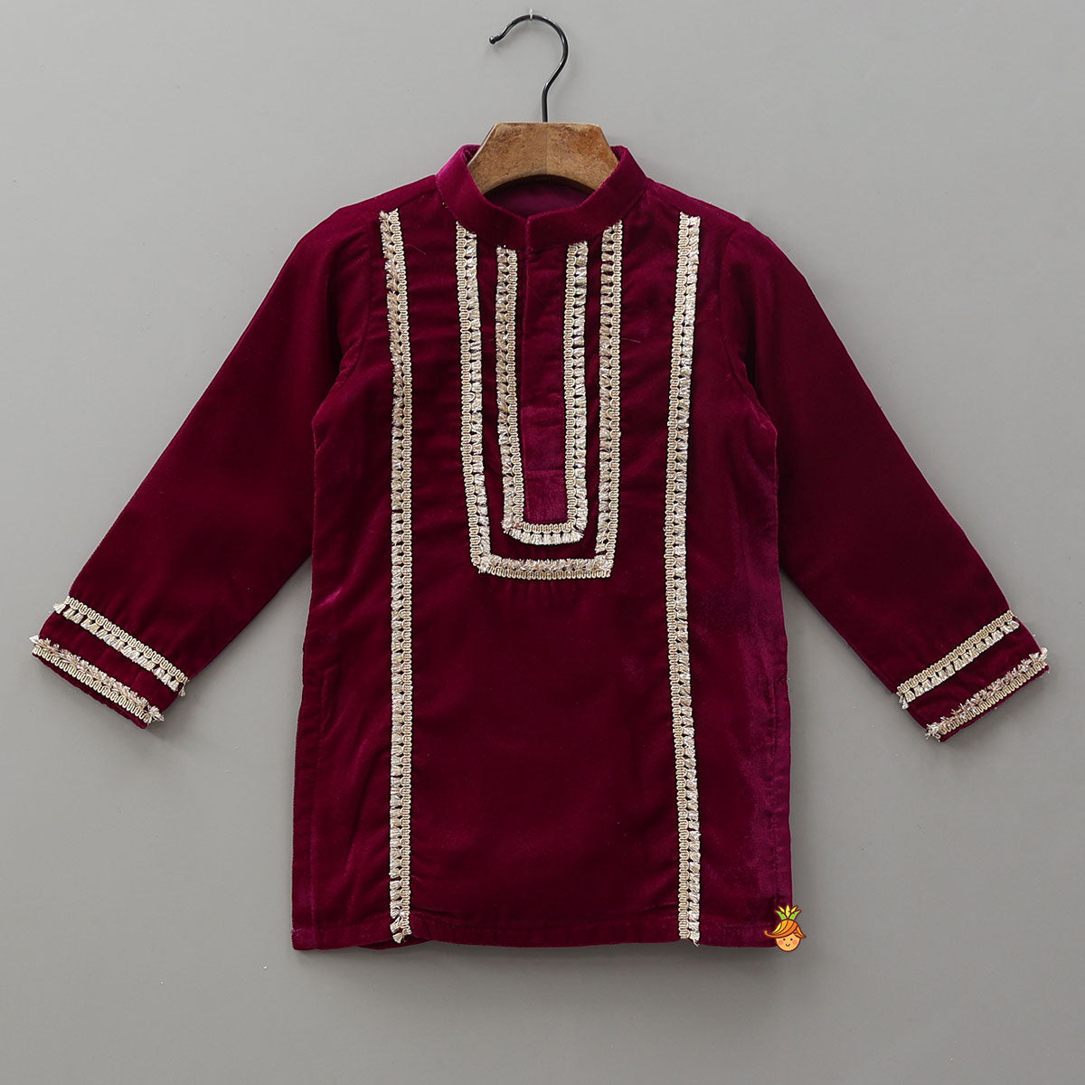 Pre Order: Fringed Lace-Detailed Velvet Kurta With Pyjama