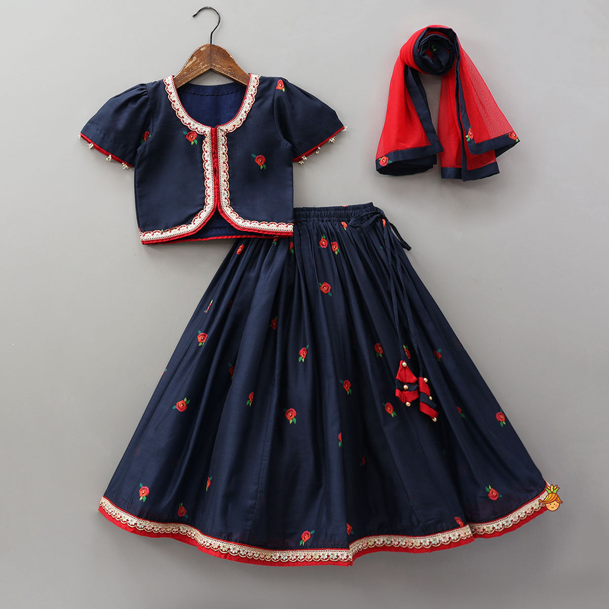 Pre Order: Floral Printed Round Neck Top And Lehenga With Contrasting Dupatta