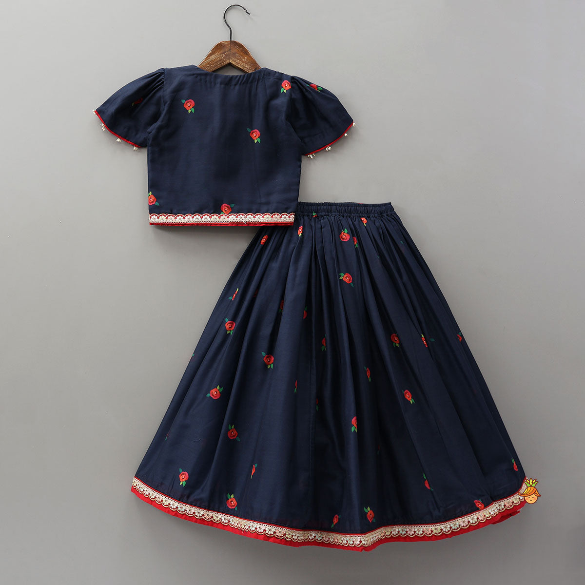 Pre Order: Floral Printed Round Neck Top And Lehenga With Contrasting Dupatta