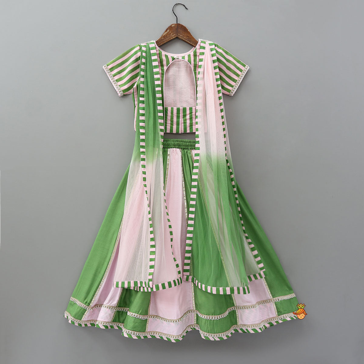 Pre Order: Striped Top And Colour Block Lehenga