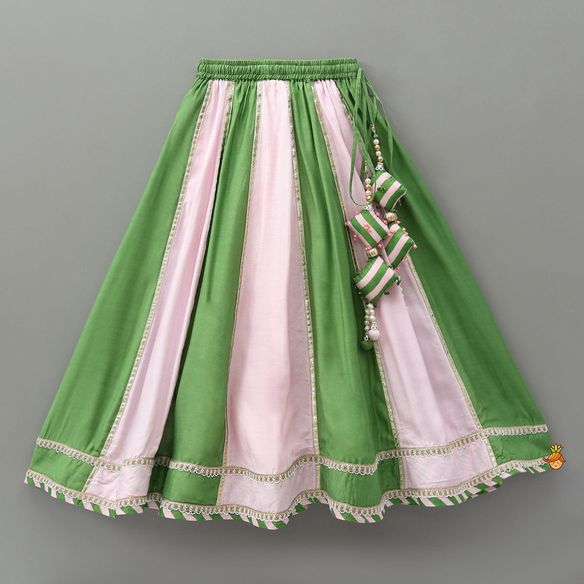 Pre Order: Striped Top And Colour Block Lehenga