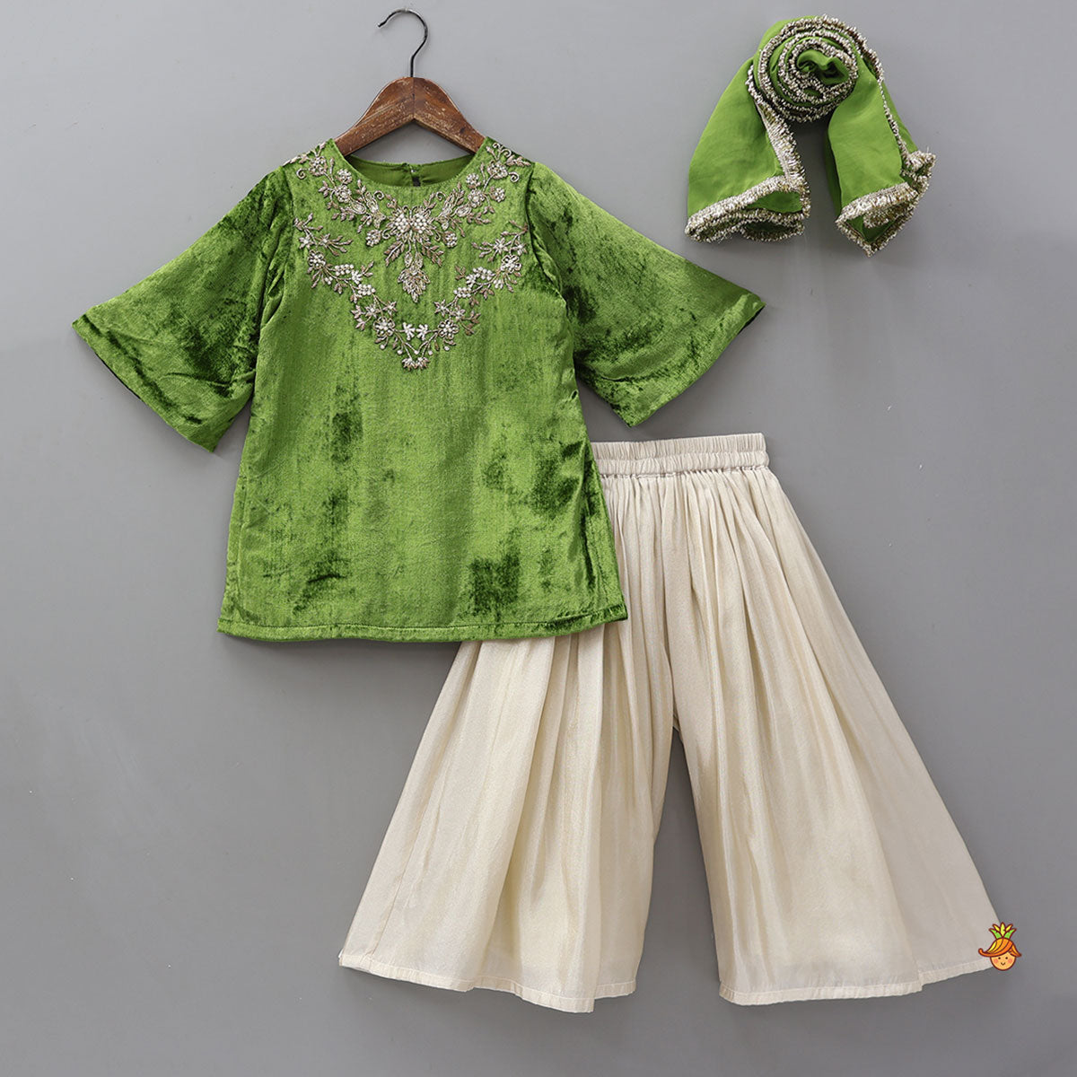 Pre Order: Exquisite Velvet Hand Embroidered Kurti With Shimmery Palazzo And Dupatta