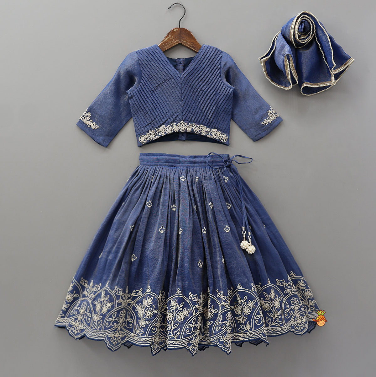 Pre Order: Shimmery Pleated Top And Lehenga With Matching Dupatta