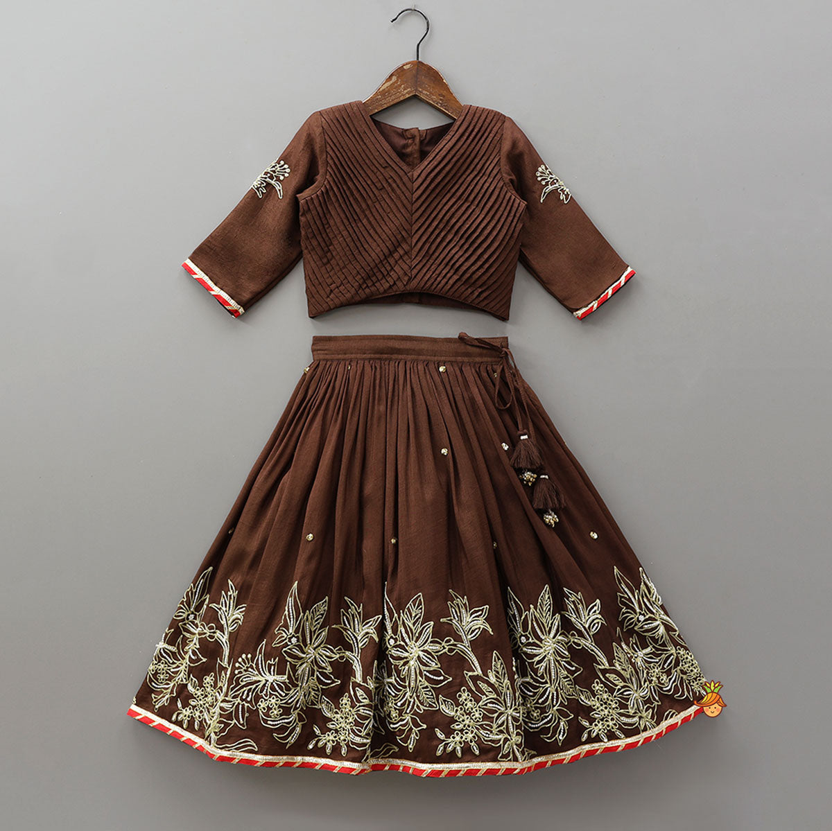 Pre Order: Pleated Top And Lehenga With Contrasting Dupatta