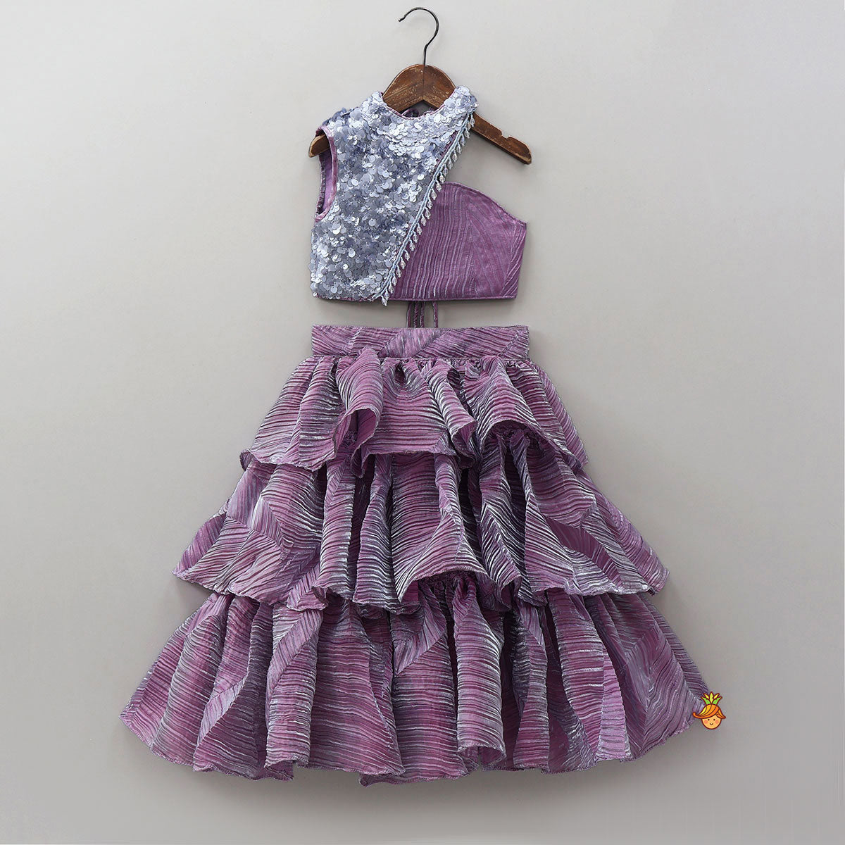 Pre Order: Beautiful Sequin One Shoulder Top With Crushed Layered Sheen Lehenga