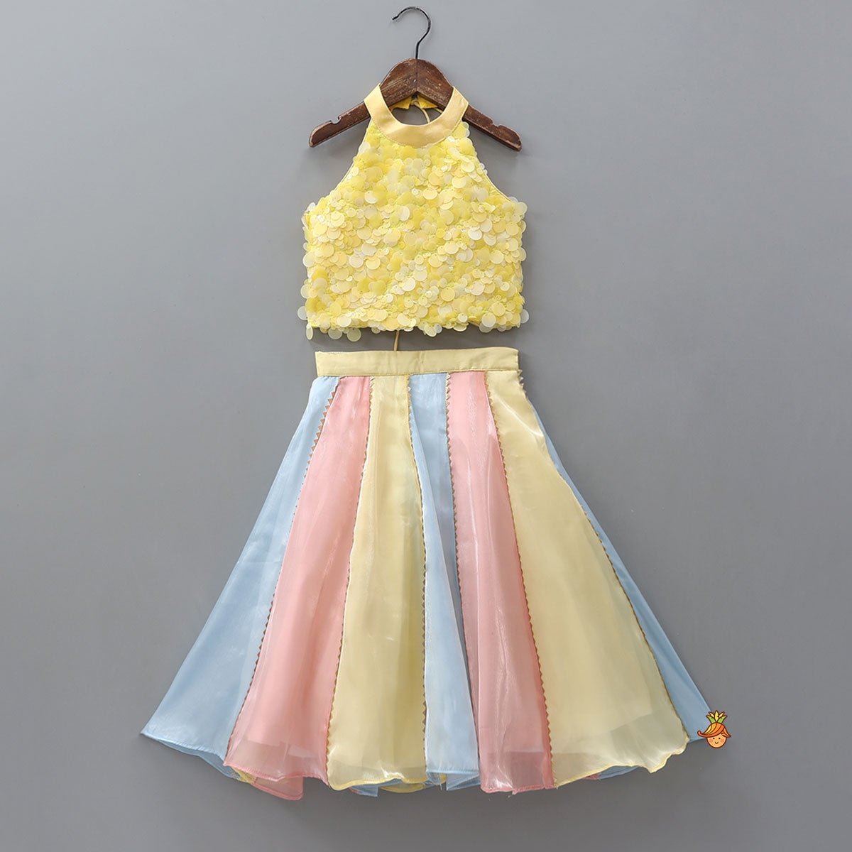 Pre Order: Adorable Sequined Halter Neck Top And Multicolour Shiny Lehenga