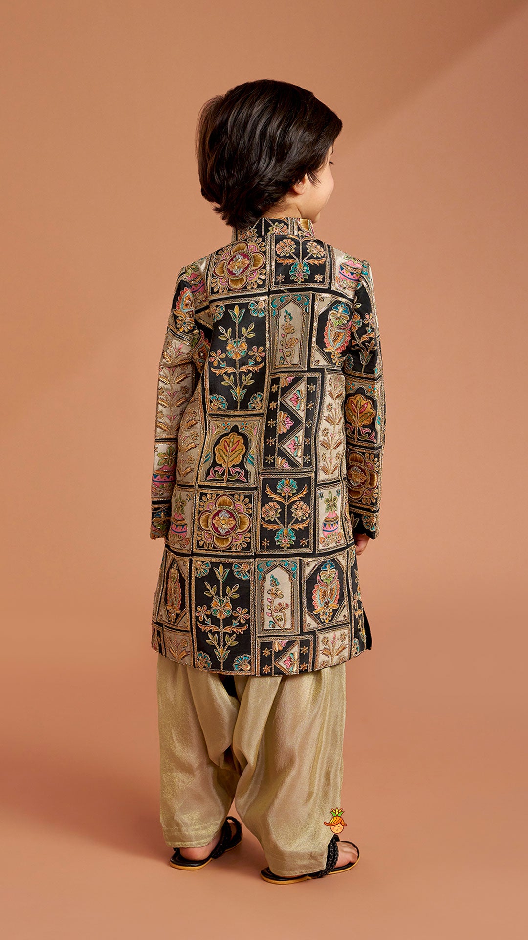 Pre Order: Charming Embroidered Sherwani With Shimmery Pleated Patiala