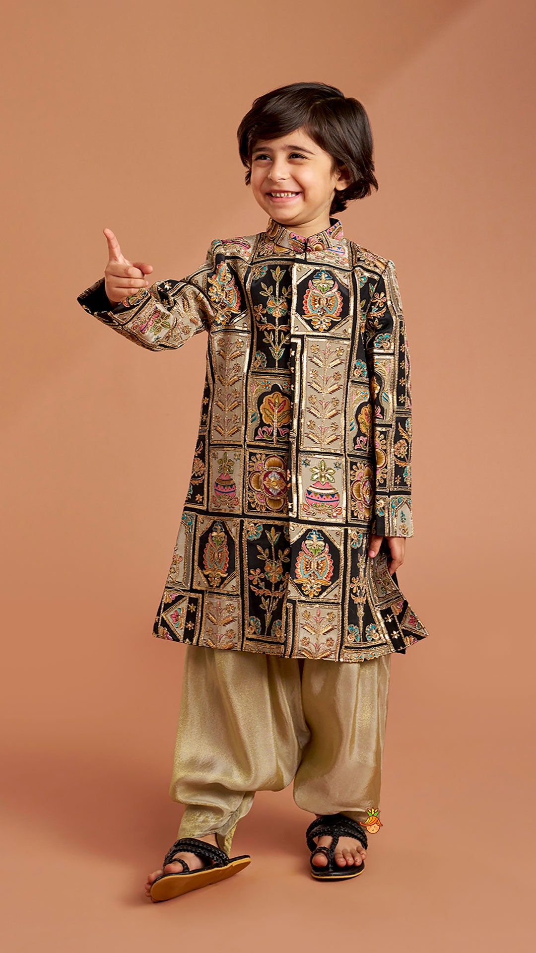 Pre Order: Charming Embroidered Sherwani With Shimmery Pleated Patiala
