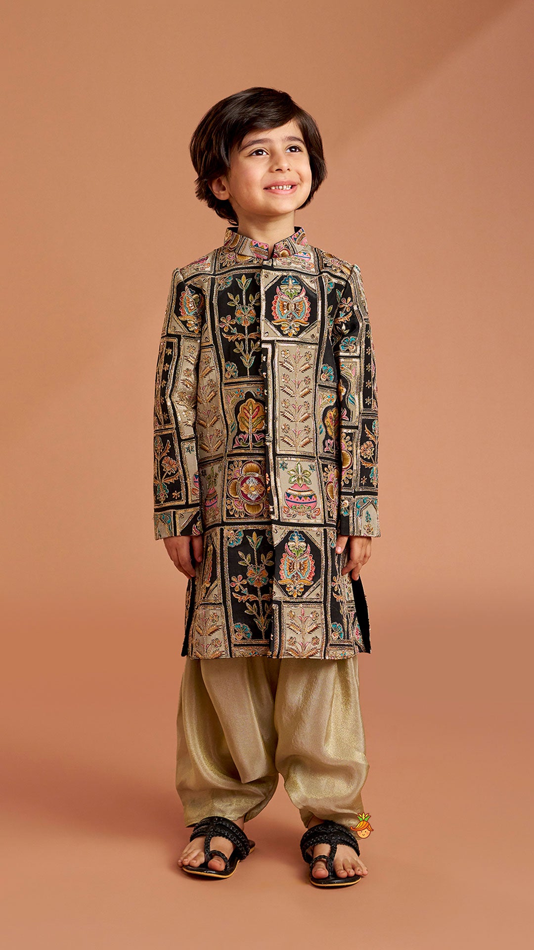 Pre Order: Charming Embroidered Sherwani With Shimmery Pleated Patiala