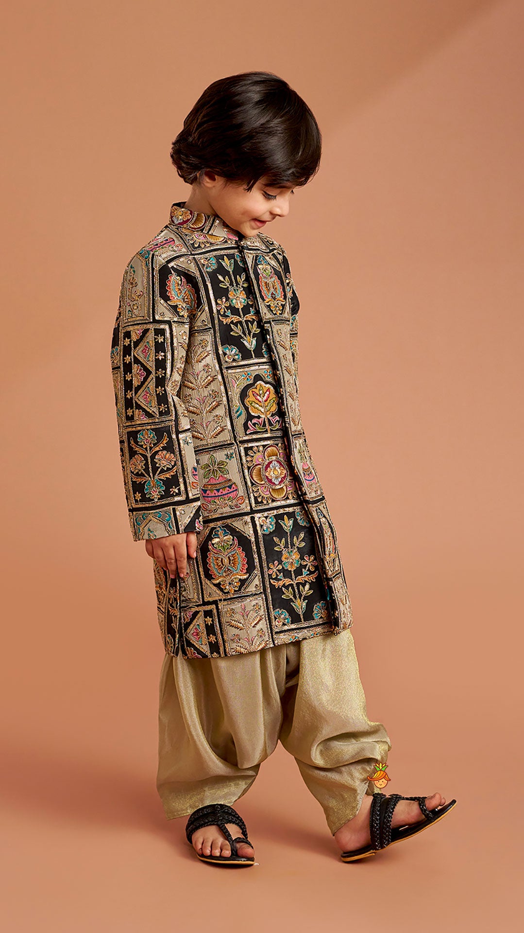 Pre Order: Charming Embroidered Sherwani With Shimmery Pleated Patiala