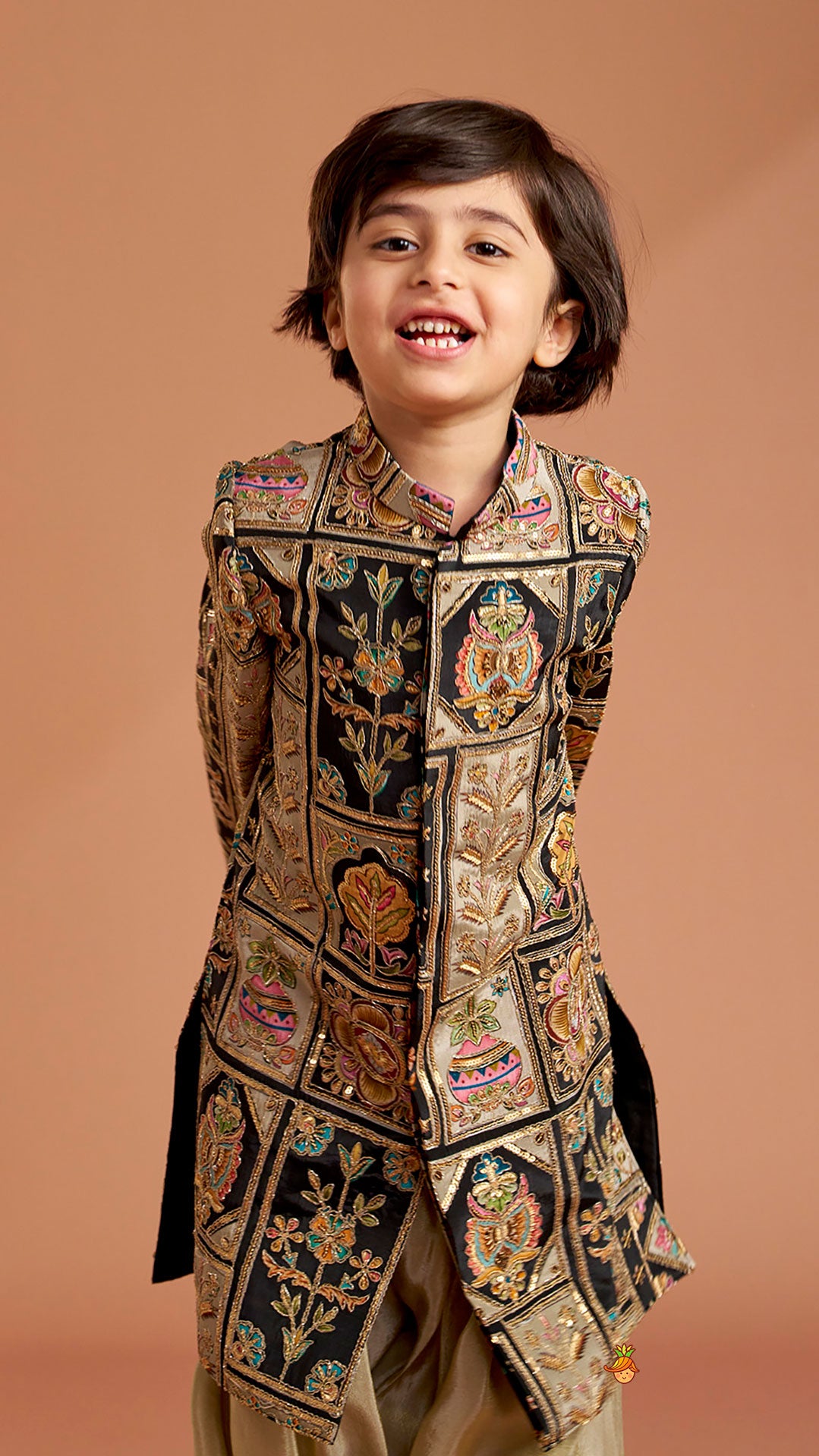 Pre Order: Charming Embroidered Sherwani With Shimmery Pleated Patiala