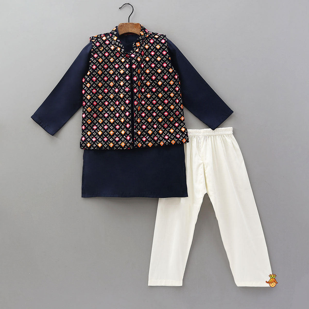 Pre Order: Elegant Kurta With Faux Mirror Work Jacket And Pyjama
