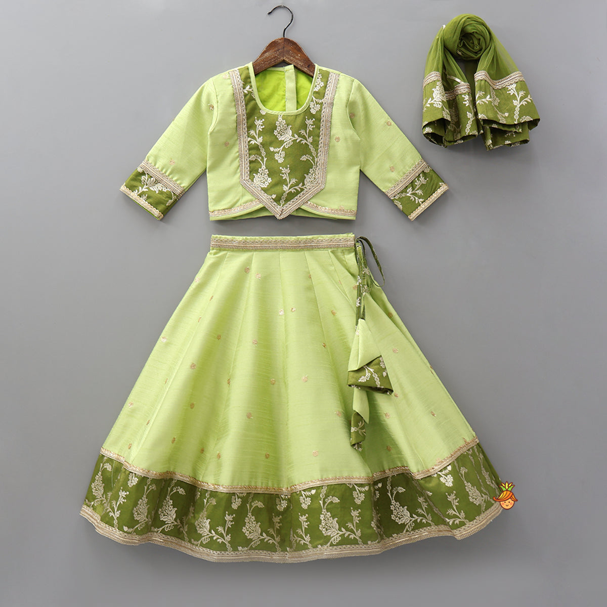 Pre Order: Contrast Yoke Top With Lehenga And Net Dupatta