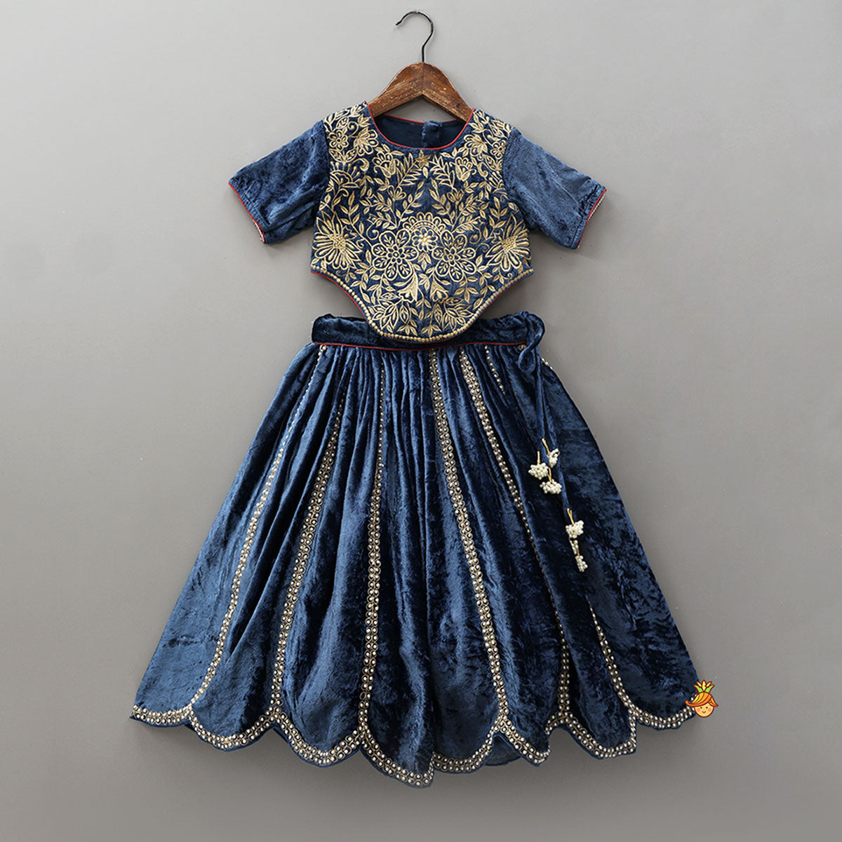 Pre Order: Velvet Embroidered Stylish Top With Matching Lehenga