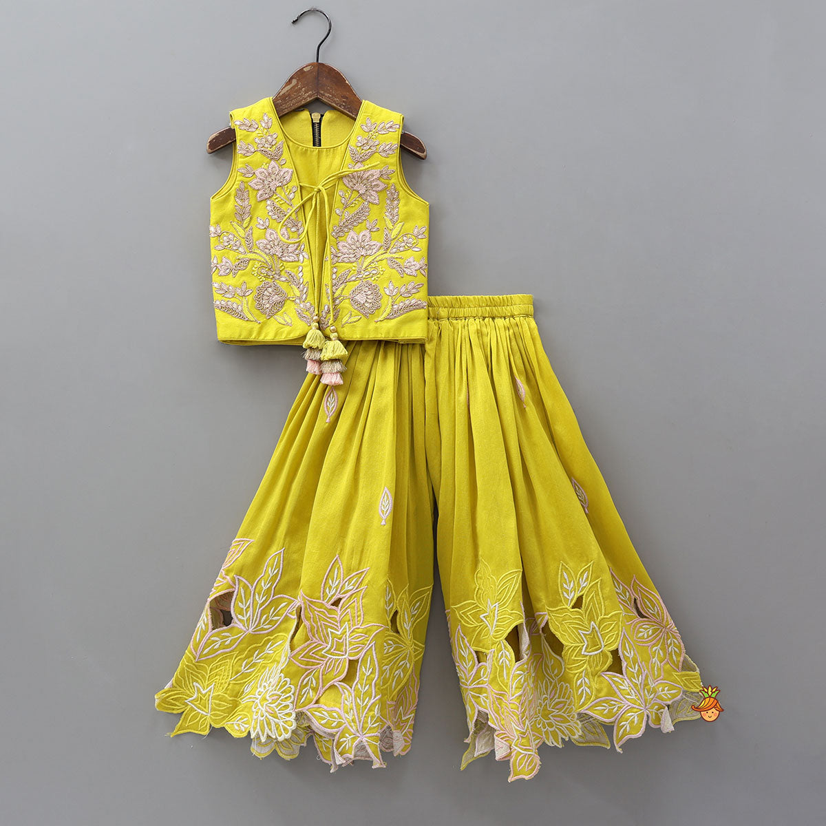 Pre Order: Jacket Style Front Knot Top And Cut-Work Palazzo