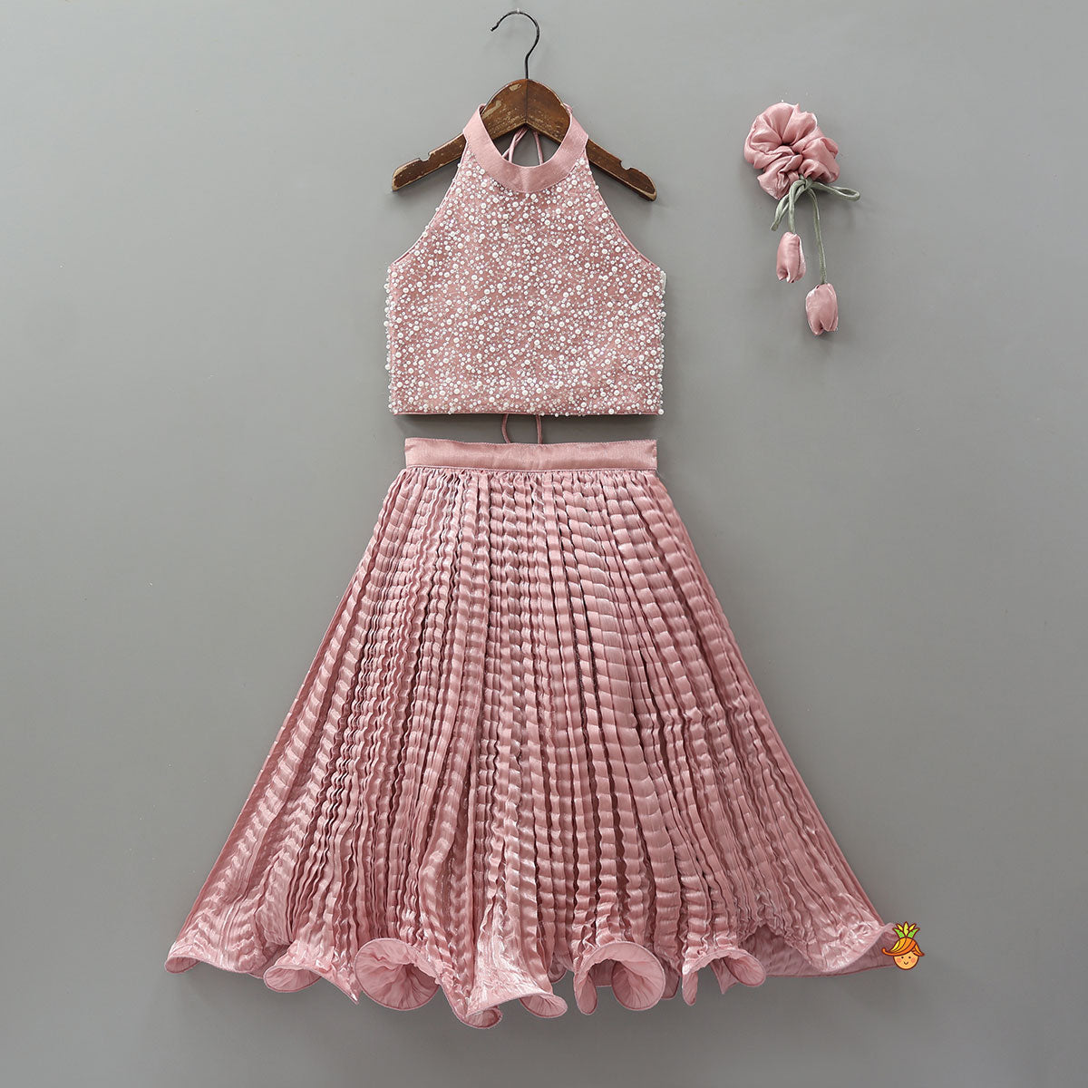 Pre Order: Gorgeous Criss-Cross Back Knot Top And Crushed Lehenga With Matching Hair Tie