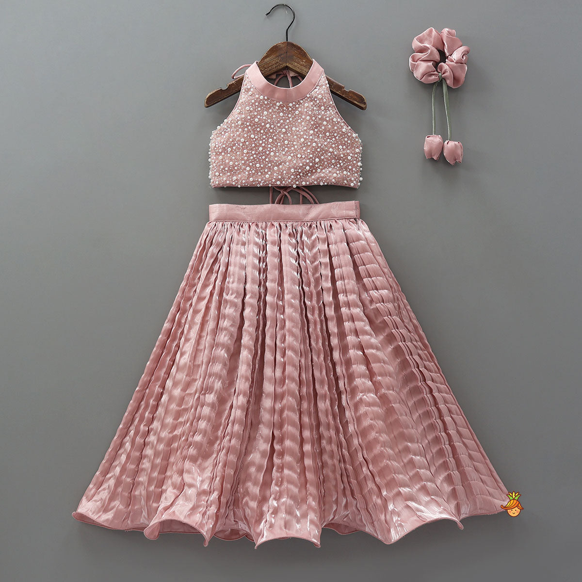 Pre Order: Gorgeous Criss-Cross Back Knot Top And Crushed Lehenga With Matching Hair Tie