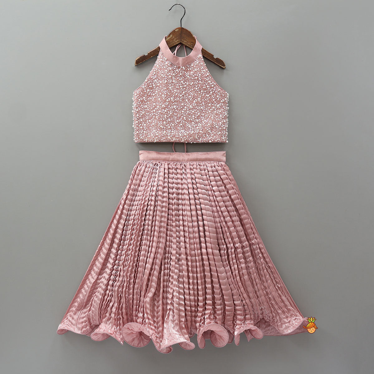 Pre Order: Gorgeous Criss-Cross Back Knot Top And Crushed Lehenga With Matching Hair Tie