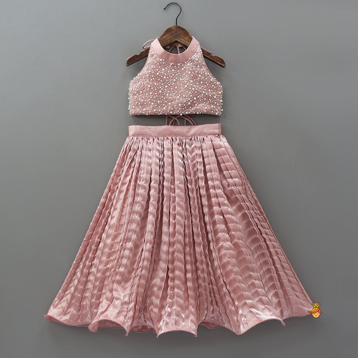 Pre Order: Gorgeous Criss-Cross Back Knot Top And Crushed Lehenga With Matching Hair Tie