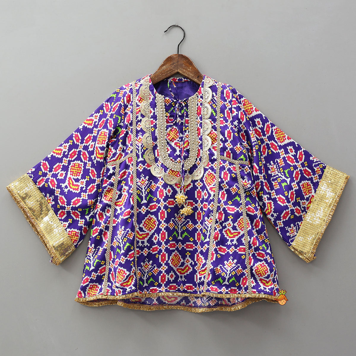 Pre Order: Front Knot Detail Patola Printed Kurti With Salwar And Contrasting Dupatta