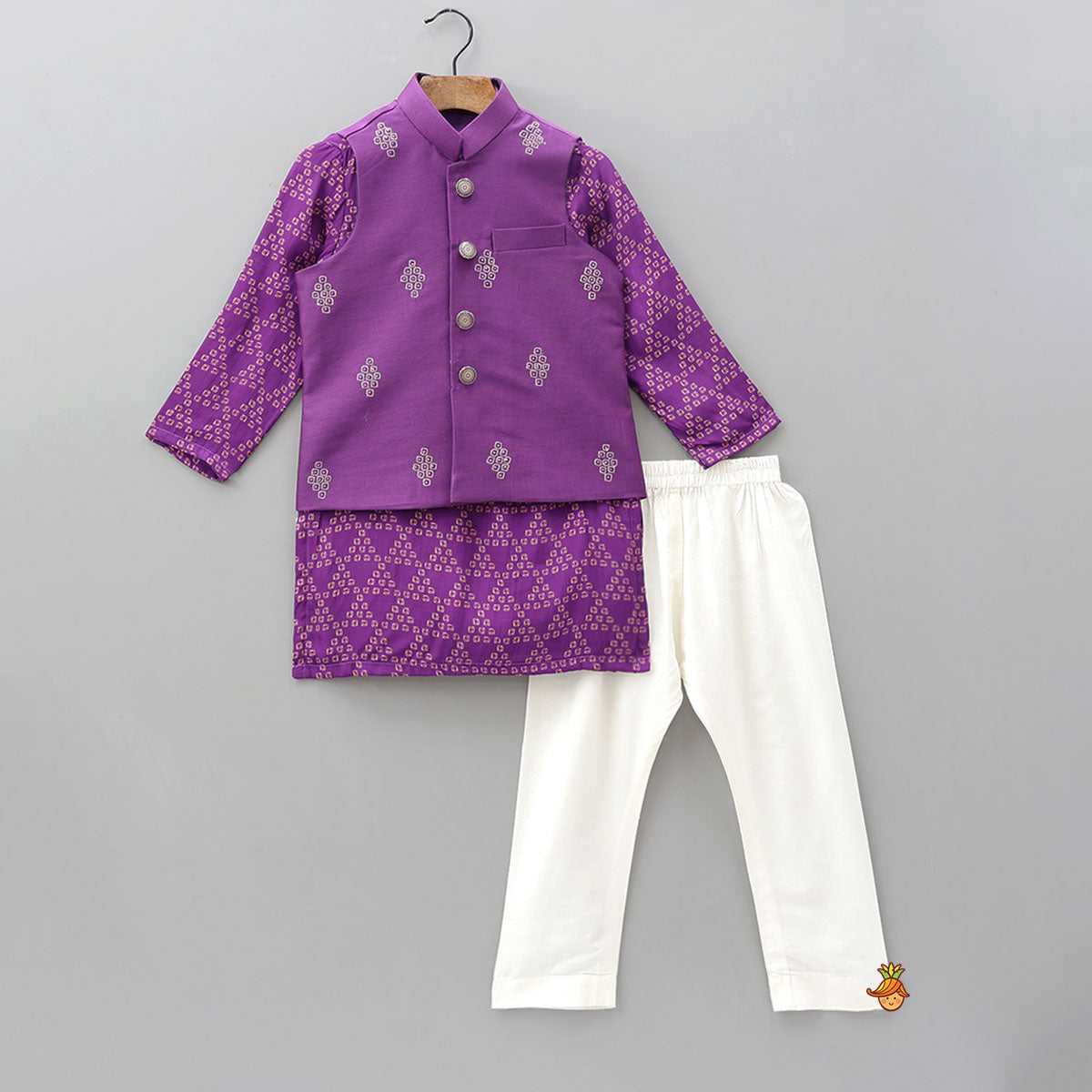 Pre Order: Printed Kurta With Pocket-Detail Jacket And Pyjama