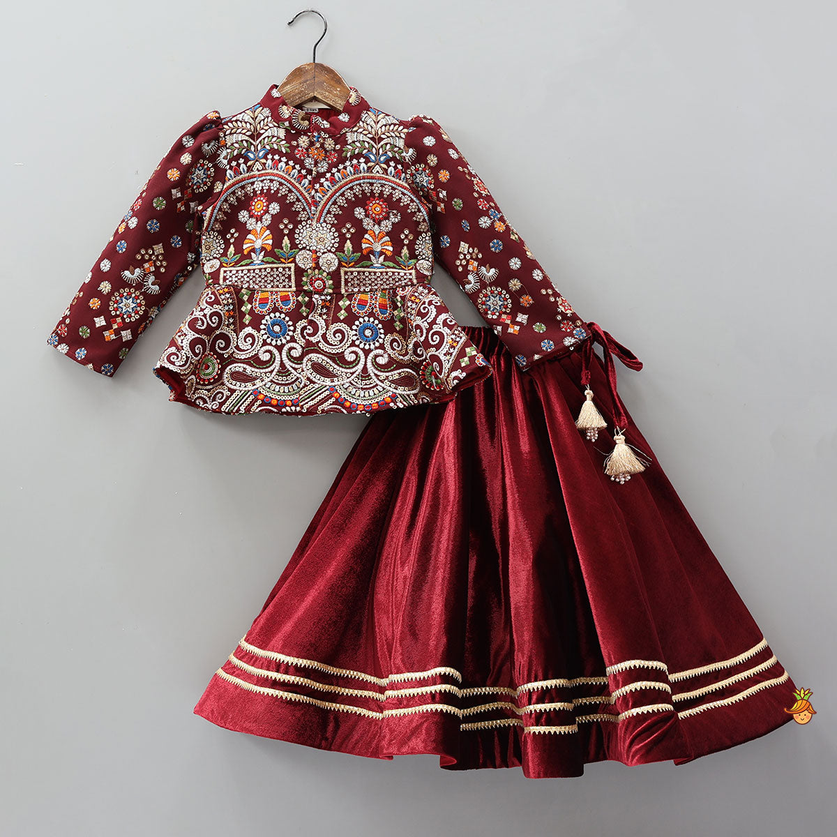 Pre Order: Heavy Embroidered Velvet Top And Gota Lace Work Flared Lehenga