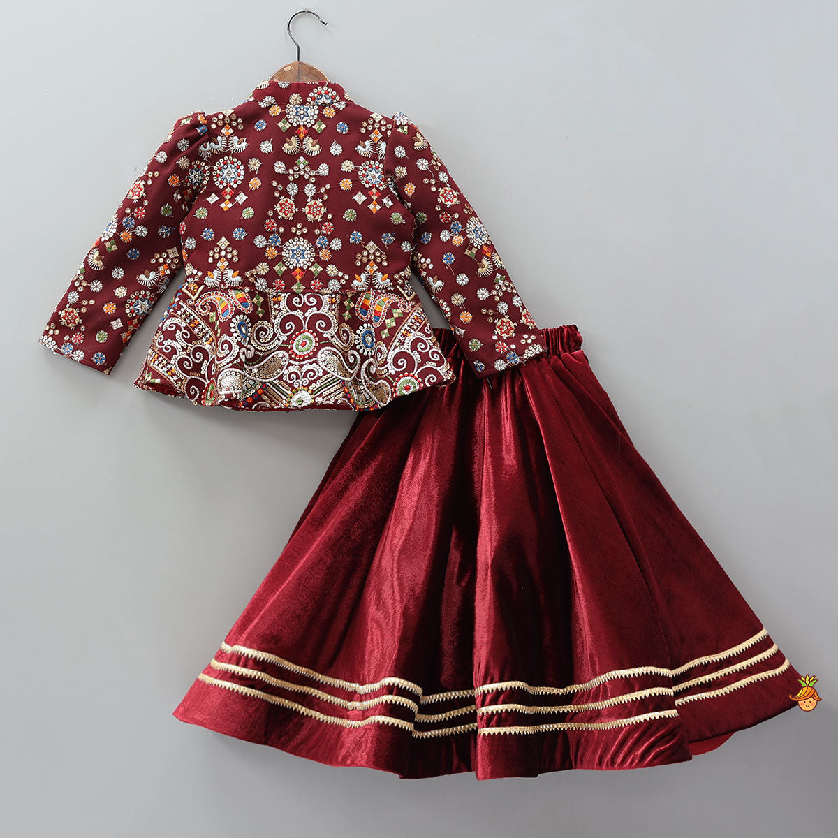 Pre Order: Heavy Embroidered Velvet Top And Gota Lace Work Flared Lehenga