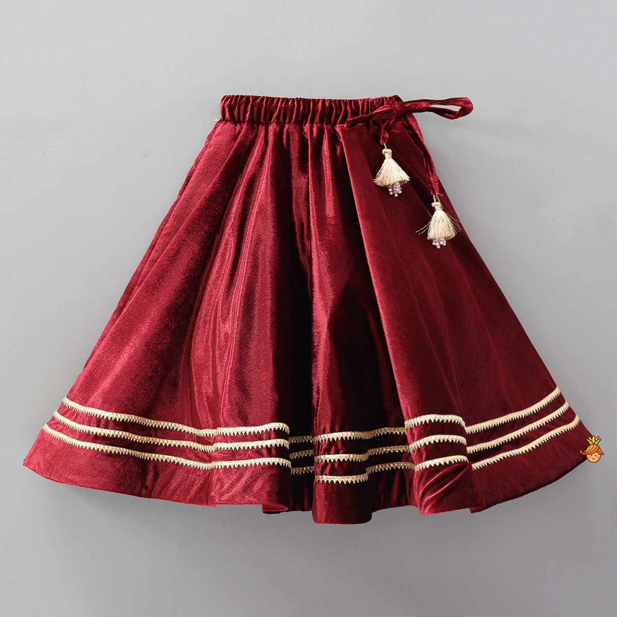 Pre Order: Heavy Embroidered Velvet Top And Gota Lace Work Flared Lehenga