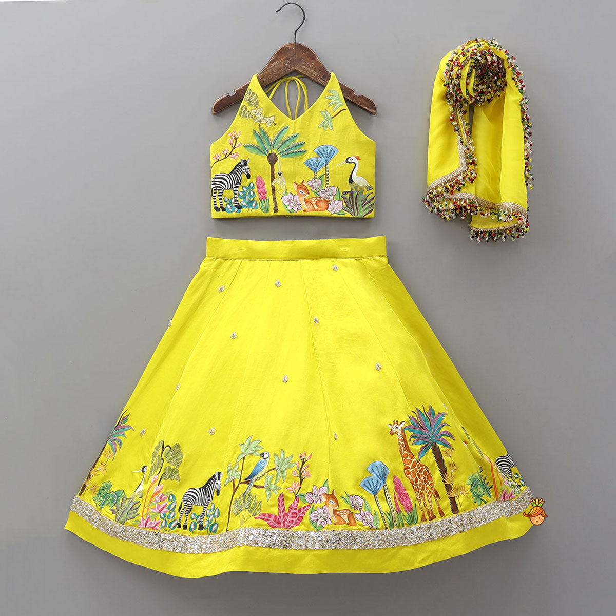 Pre Order: Hand Painted Halter Neck Top And Lehenga With Beautiful Lace Work Dupatta